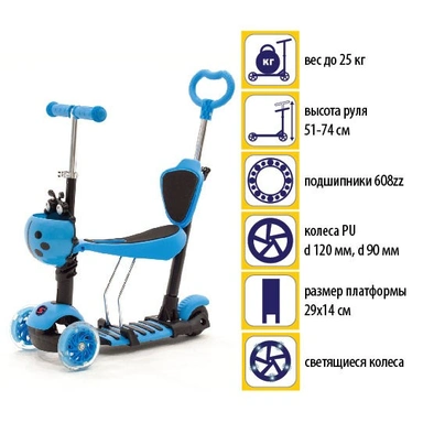 Самокат каталка 5в1 Slider синий колеса светяца, до 25кг