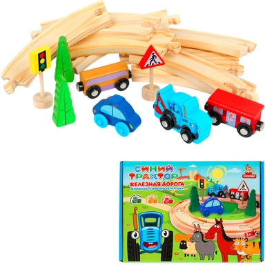 Деревянная Железная дорога Синий трактор 21 элемент Буратино STR39