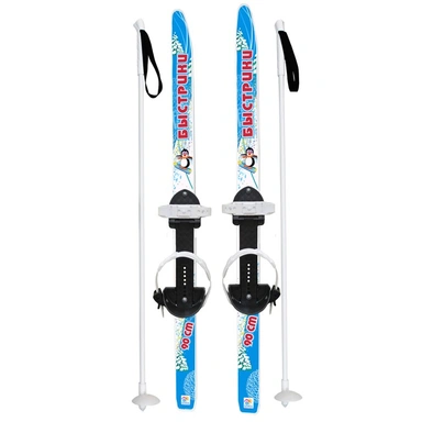 Лыжи детские 90/90см Быстрики Голубые/Коты с палками в сетке